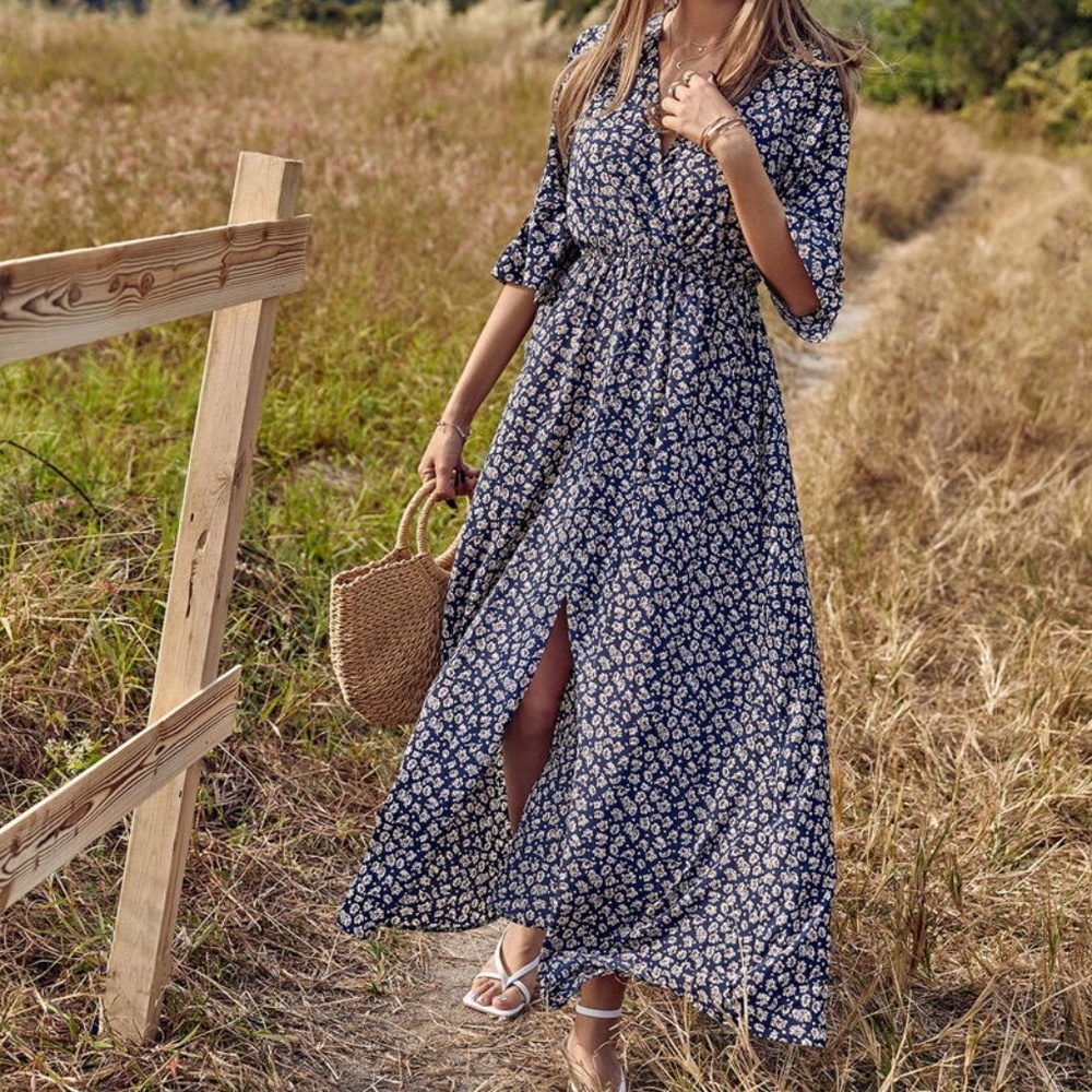 Boho Floral Print V neck Slit Ruffle Sleeve Dress - Picture 1 of 6